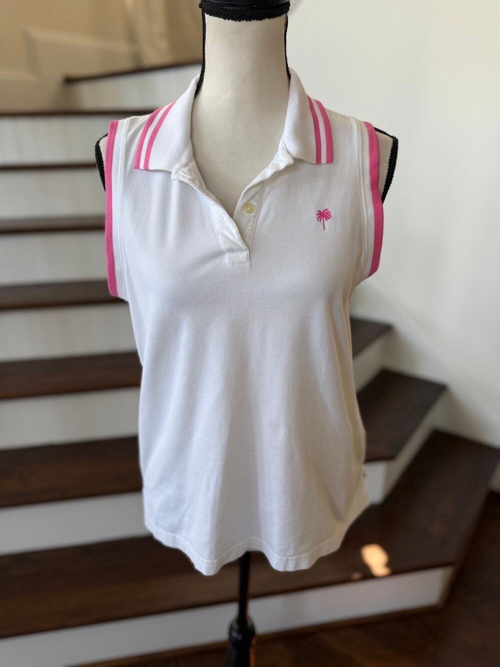 Vintage Lilly Pulitzer White Label Pink Palm Tree Sleeveless Polo Tank Golf